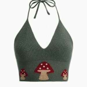 NEW! Y2K Mushroom Graphic Knit Halter Crop Top Sexy Casual Summer Sweater Retro